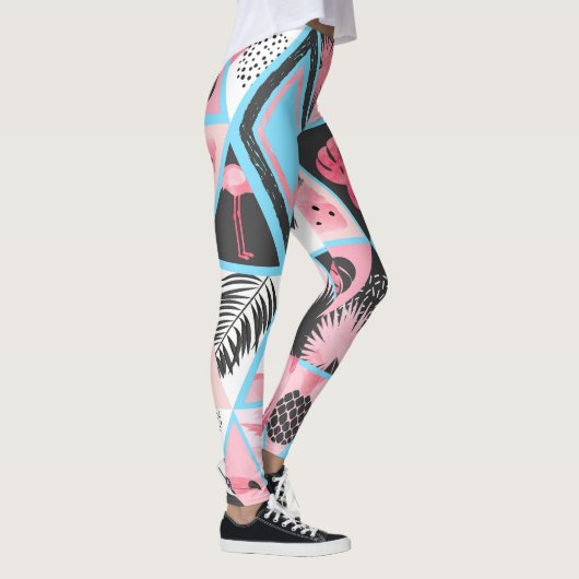 Leggings Patchwork flamingo tropical, motif de palmier. (Droite)