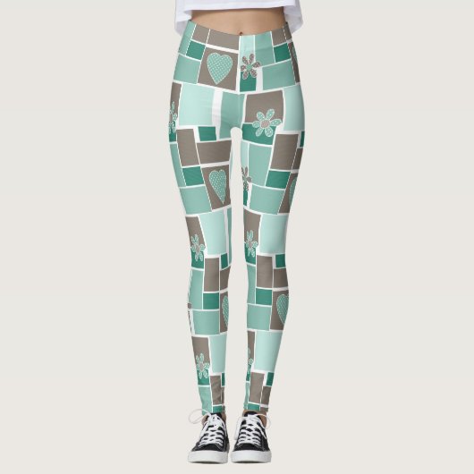 Leggings Patchwork marron turquoise de carrés (Devant)