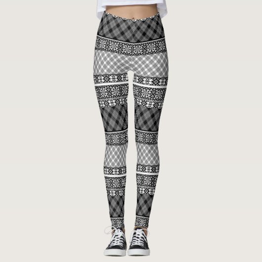 Leggings Patchwork rayé noir et blanc avec dentelle (Devant)