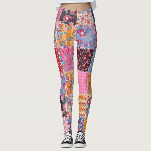 Leggings Patchwork sans couture, motif en tissu mignon. (Devant)
