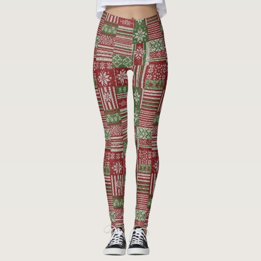 Leggings Patchwork tricoté classique de Noël - Rouge, Vert (Devant)