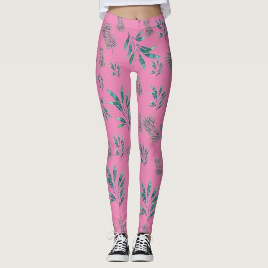 Leggings Paume rose et vert Aquarelle Feuilles (Devant)