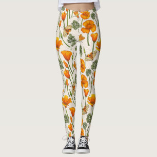 Leggings Pavot de Californie et papillons de nuit sur blanc