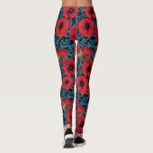 Leggings Pavot rouge et brunes, feuilles bleus sur noir (Dos)
