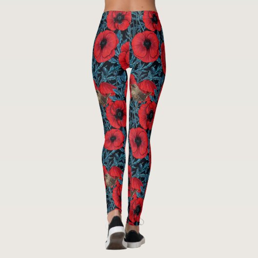 Leggings Pavot rouge et brunes, feuilles bleus sur noir (Dos)