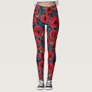 Leggings Pavot rouge et brunes, feuilles bleus sur noir