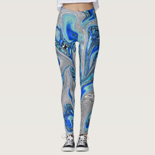 Leggings Peacock Blue et Silver Marbled Abstrait