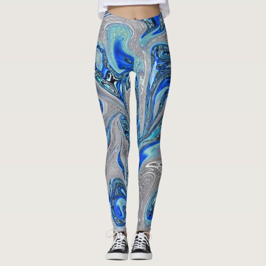 Leggings Peacock Blue et Silver Marbled Abstrait (Devant)