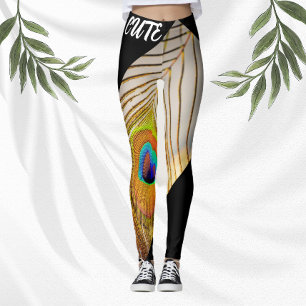 Leggings Peacock Plumes élégant Noir Moderne Tan Femmes