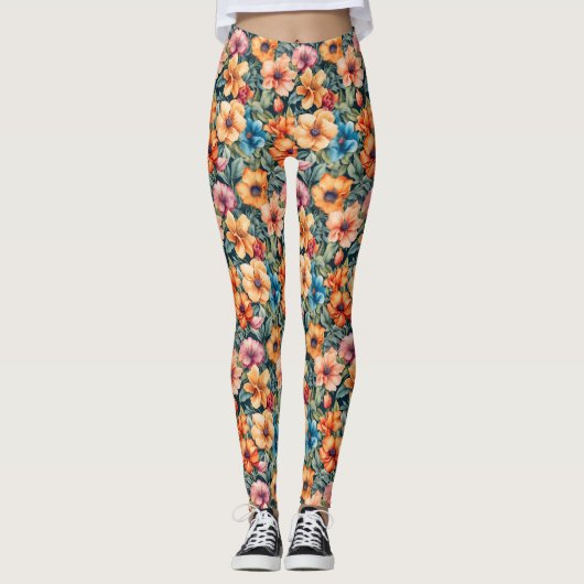 Leggings Pêche Apricot et Mauve Floral (Devant)