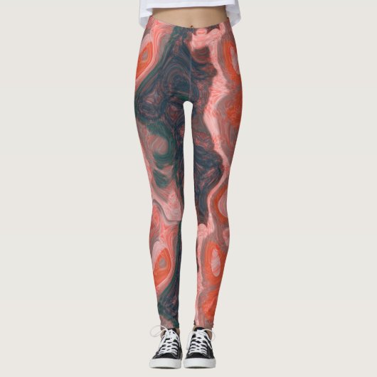 Leggings Pêche et tourbillon vert abstrait (Devant)