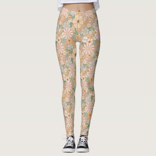 Leggings Pêcher Orange rose gris floral (Devant)