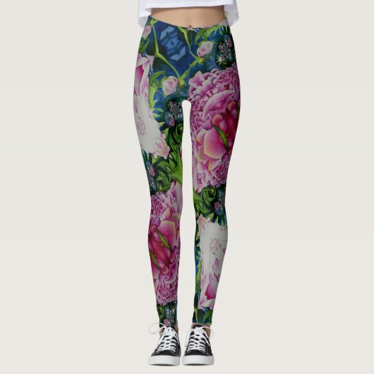 Leggings peinture Abstraite à l'aquarelle fleurie de pivoin (Devant)