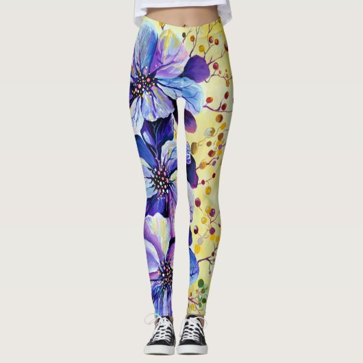 Leggings Peinture de fleurs de delphinium (Devant)