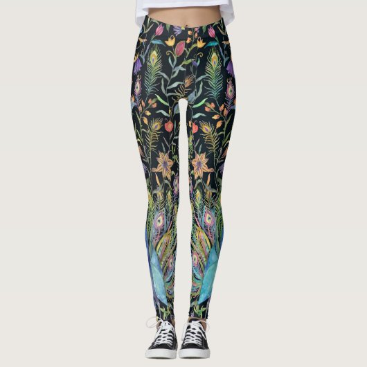 Leggings Peinture Peacock, Vins Floraux Boho Chic  (Devant)