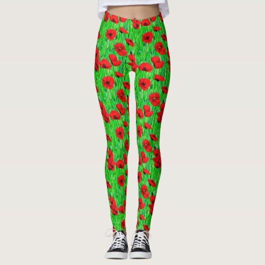 Leggings Pépites rouges dans un champ vert (Devant)
