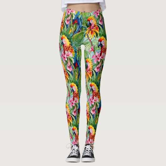 Leggings Perroquets de couleurs vives et fleurs tropicales (Devant)