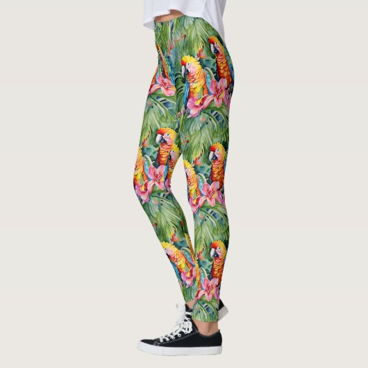 Leggings Perroquets verts, rouges, bleus et fleurs tropical (Gauche)
