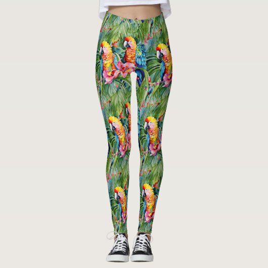 Leggings Perroquets verts, rouges, bleus et fleurs tropical (Devant)