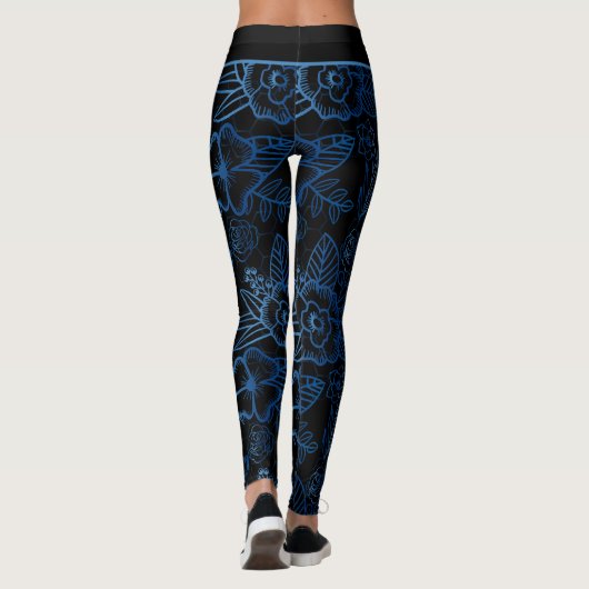 Leggings Personnalisé floral continu motif bleu noir (Dos)