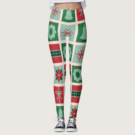 Leggings Personnalisé rouge et vert géométrique à Noël (Devant)