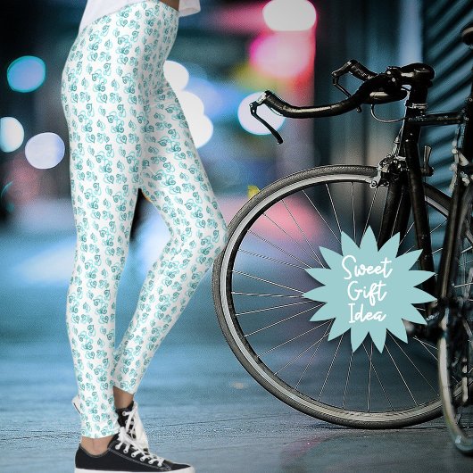 Leggings Petits Coeurs Turquoises liés Motif sur blanc