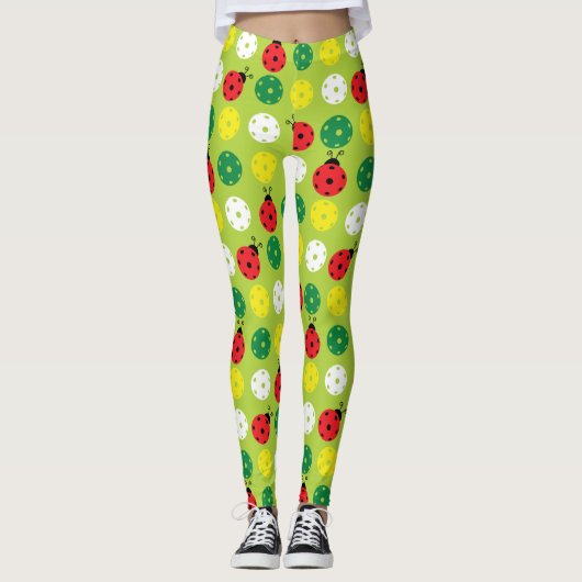Leggings Pickleball ladybugs et picklaballs sur vert frais (Devant)