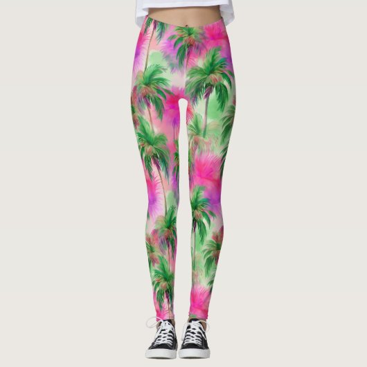 Leggings Pink and Green Palm Trees Tropical Patterned (Devant)