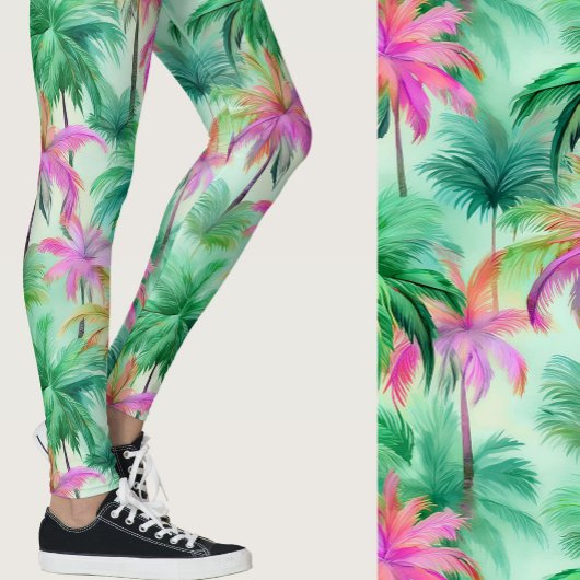 Leggings Pink and Green Palm Trees Tropical Patterned