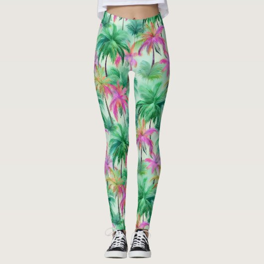 Leggings Pink and Green Palm Trees Tropical Patterned (Devant)