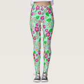 Leggings Pink and Green Tropical Flowers Patterned (Devant)