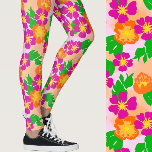 Leggings Pink and Orange Tropical Flowers Patterned