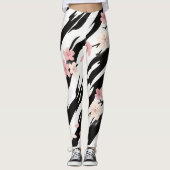 Leggings Pink Cherry Blossom Black White Brushstroke Patter (Devant)