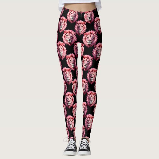 Leggings Pink Lion Head Animal Pattern Design - Black (Devant)