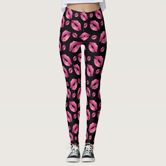 Leggings Pink Lips Pattern Black (Devant)