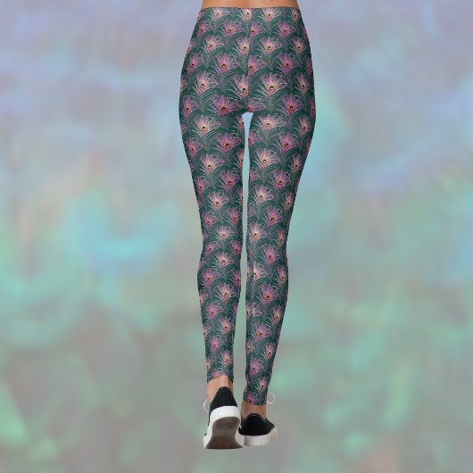 Leggings Pink Peacock Feathers Pretty Pattern on Deep Green