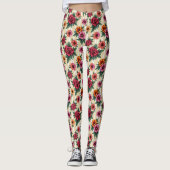 Leggings Pink Red Gold Flowers on Tan Stripes (Devant)