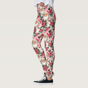 Leggings Pink Retro Santa Claus Noël Floral Plaid