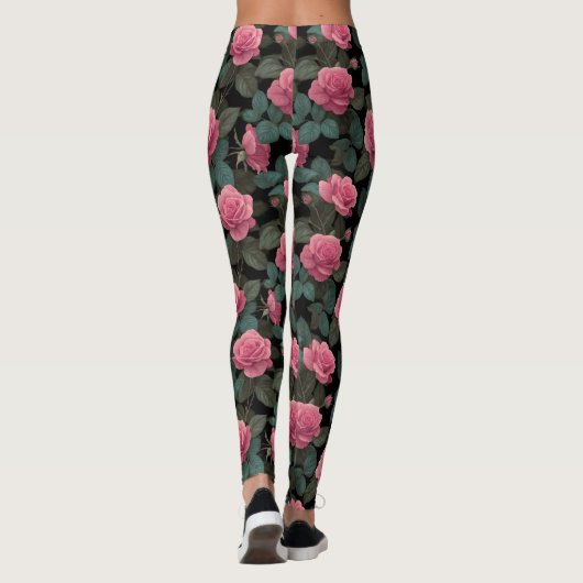 Leggings Pink Roses on Black Floral Pattern (Dos)