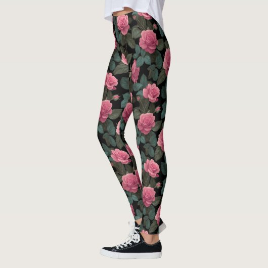 Leggings Pink Roses on Black Floral Pattern (Gauche)