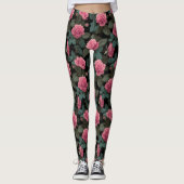 Leggings Pink Roses on Black Floral Pattern (Devant)