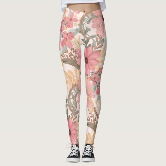 Leggings Pink Sage Vert Floral Feuille Motif d'aquarelle (Devant)