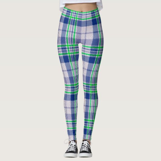 Leggings Plaid Bleu Avec Légendes Vertes (Devant)
