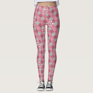 Leggings Plaid gris et rose avec fleurs camomilaires