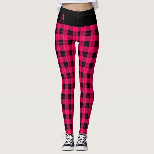 Leggings Plaid Hot Pink Noir Personnalisé (Devant)