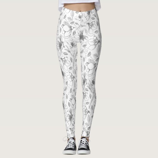 Leggings Plan floral esquissé Motif gris/Wht ID939 (Devant)