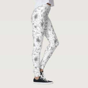 Leggings Plan floral esquissé Motif gris/Wht ID939