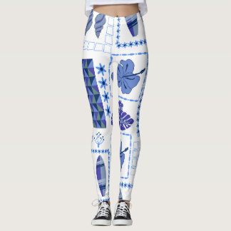 Leggings Planche de surf tropicale bleue motif hibiscus