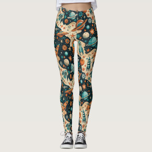 Leggings Planètes de fusée spatiale rétro Orange sarcelle N