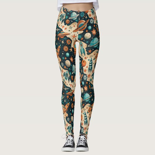 Leggings Planètes de fusée spatiale rétro Orange sarcelle N (Devant)